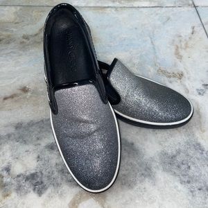 NWOT Jimmy Choo Silver Metallic Glitter Loafers
